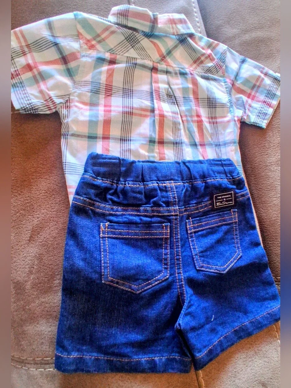 NWT Ben Sherman Brand Baby Boys 2 Piece Outfit. Shirt & Jean Shorts. Sz 6/9 Mos